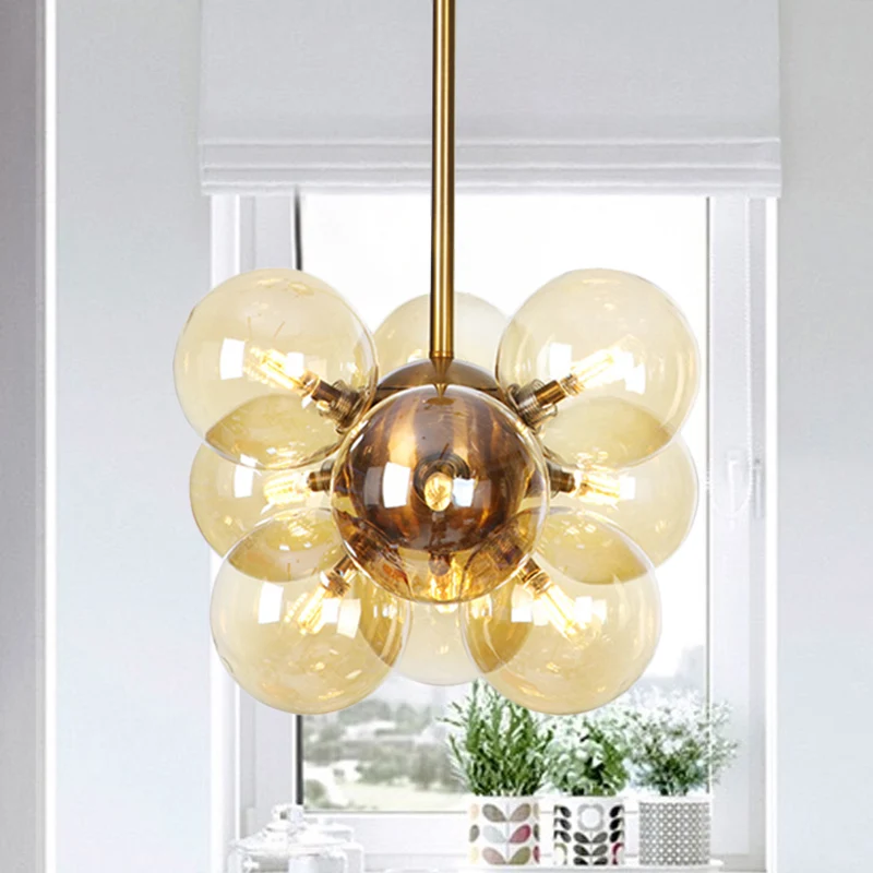Ball LED kroonluchter hanglamp modern getextureerd wit/amber glas 9 koppen eetkamer hangende plafondlamp Clearhalo