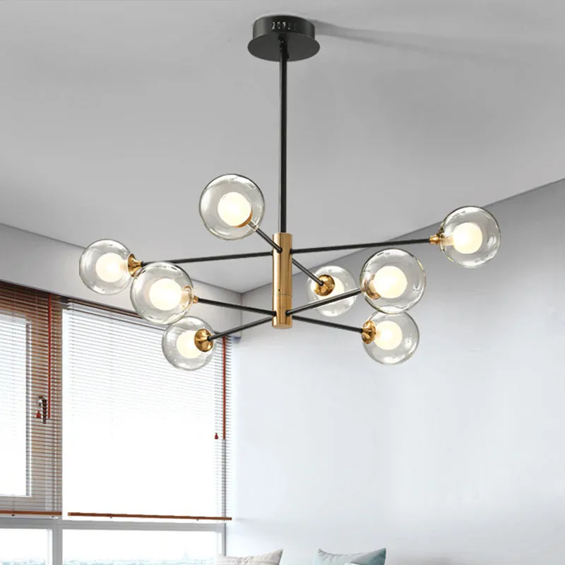 Ball Living Room Hangverlichting Helder glas 8-lichts moderne hangkroonluchter zwart en goud met Spoetnik-design Clearhalo