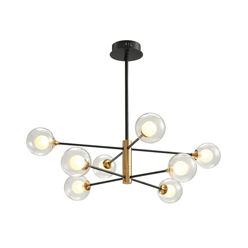 Ball Living Room Hangverlichting Helder glas 8-lichts moderne hangkroonluchter zwart en goud met Spoetnik-design Clearhalo