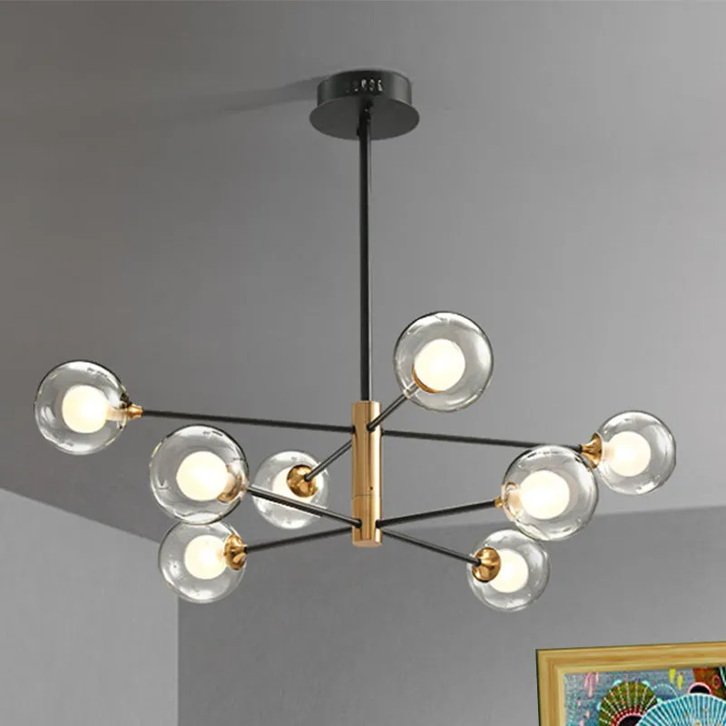 Ball Living Room Hangverlichting Helder glas 8-lichts moderne hangkroonluchter zwart en goud met Spoetnik-design Clearhalo