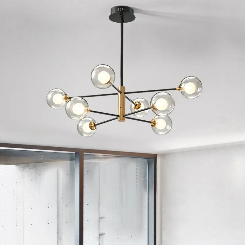 Ball Living Room Hangverlichting Helder glas 8-lichts moderne hangkroonluchter zwart en goud met Spoetnik-design Clearhalo