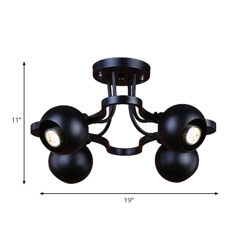 Ball Metallic Shade Semi Flush Light Loft Industrieel 4 Lichten Eetkamer Plafondmontage Kroonluchter zwart Clearhalo