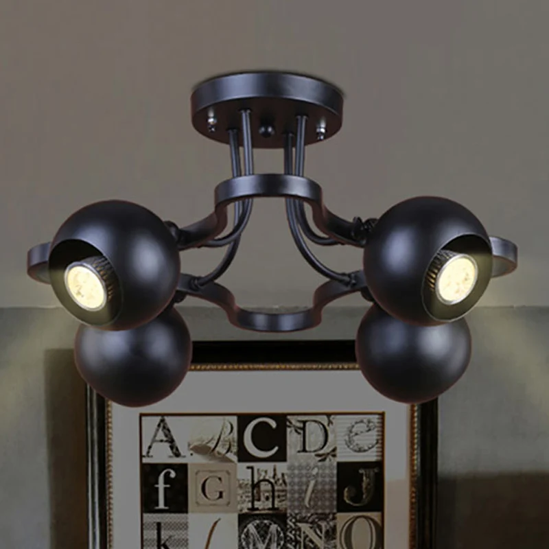 Ball Metallic Shade Semi Flush Light Loft Industrieel 4 Lichten Eetkamer Plafondmontage Kroonluchter zwart Clearhalo