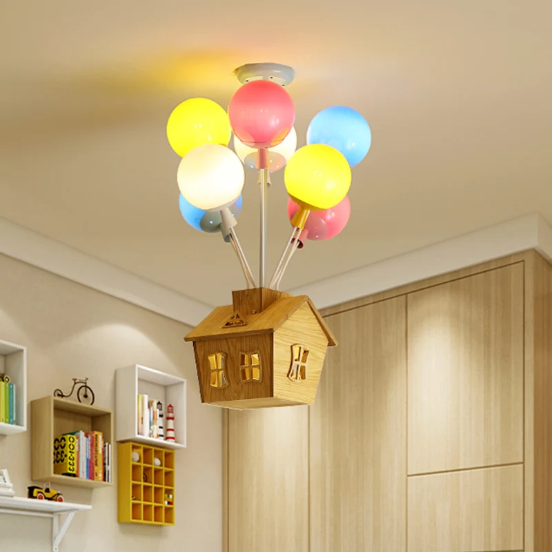 Ballonkwekerij Semi Flush Lichtblauw-Roze-Geel Glas 6 Lichts Kinderplafond Flush met Houten Huis Clearhalo