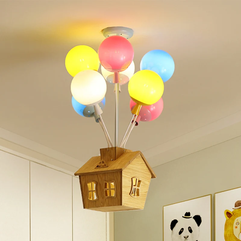 Ballonkwekerij Semi Flush Lichtblauw-Roze-Geel Glas 6 Lichts Kinderplafond Flush met Houten Huis Clearhalo