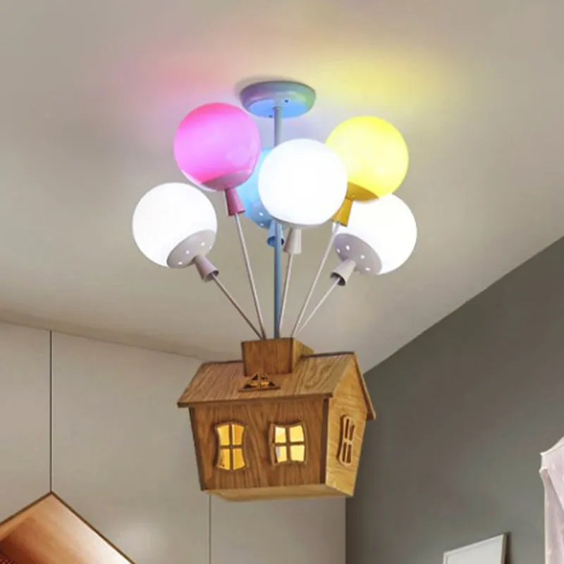 Ballonkwekerij Semi Flush Lichtblauw-Roze-Geel Glas 6 Lichts Kinderplafond Flush met Houten Huis Clearhalo