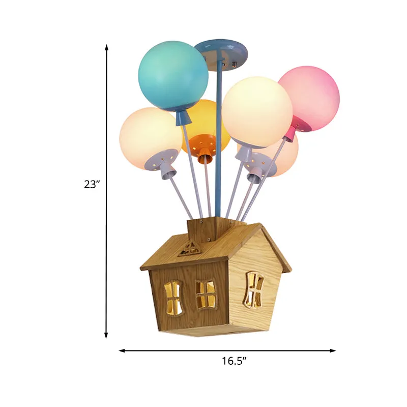 Ballonkwekerij Semi Flush Lichtblauw-Roze-Geel Glas 6 Lichts Kinderplafond Flush met Houten Huis Clearhalo