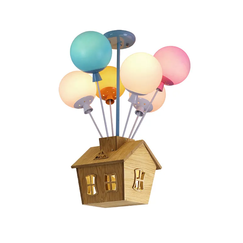 Ballonkwekerij Semi Flush Lichtblauw-Roze-Geel Glas 6 Lichts Kinderplafond Flush met Houten Huis Clearhalo