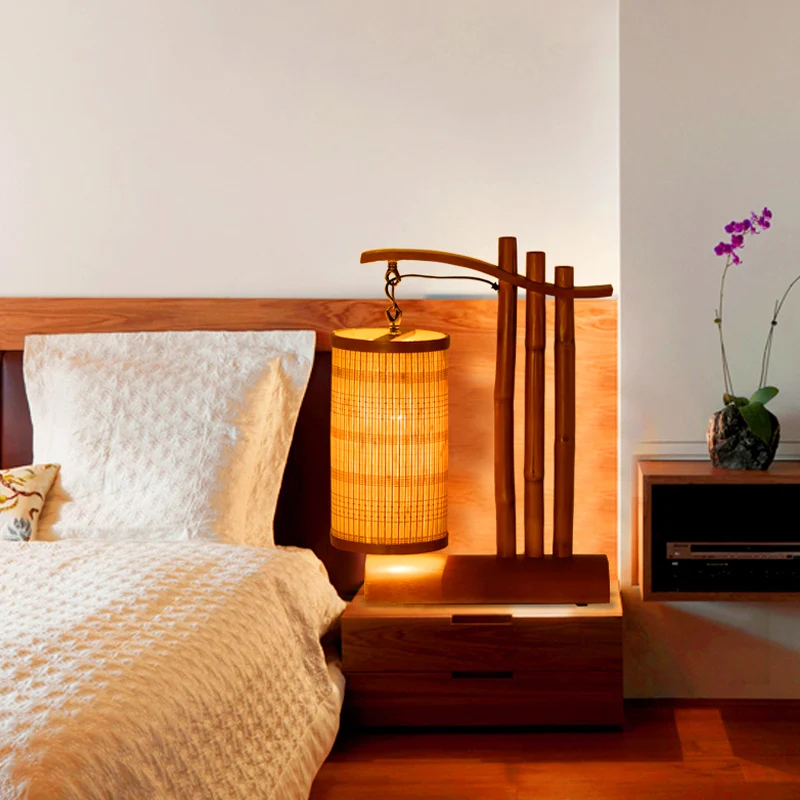 Bamboe Barrel Bureaulamp Chinees 1-kops roodbruine taaklamp met halve cilinderbasis Clearhalo