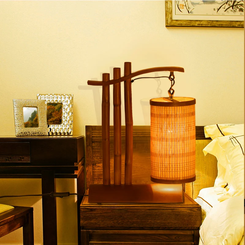 Bamboe Barrel Bureaulamp Chinees 1-kops roodbruine taaklamp met halve cilinderbasis Clearhalo