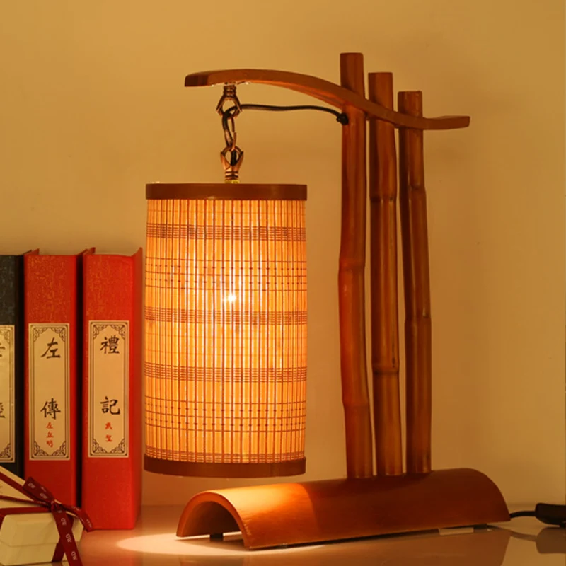 Bamboe Barrel Bureaulamp Chinees 1-kops roodbruine taaklamp met halve cilinderbasis Clearhalo