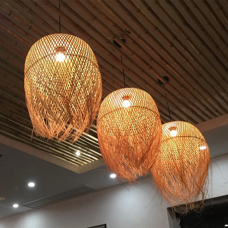 Bamboe Bell-plafondlamp met franjes, Aziatische stijl, 1 lamp, hangend houten verlichtingsarmatuur Clearhalo