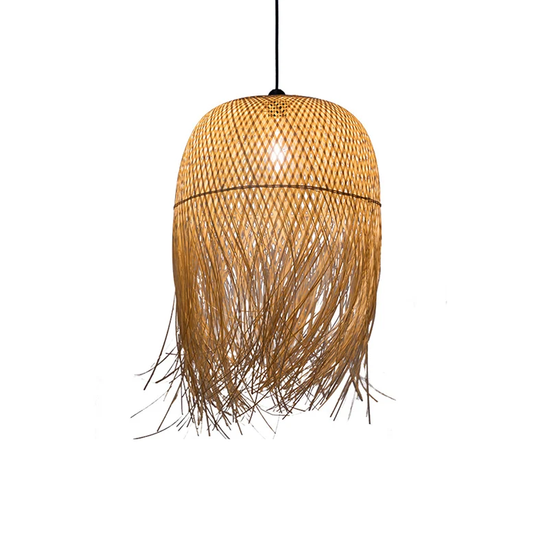 Bamboe Bell-plafondlamp met franjes, Aziatische stijl, 1 lamp, hangend houten verlichtingsarmatuur Clearhalo