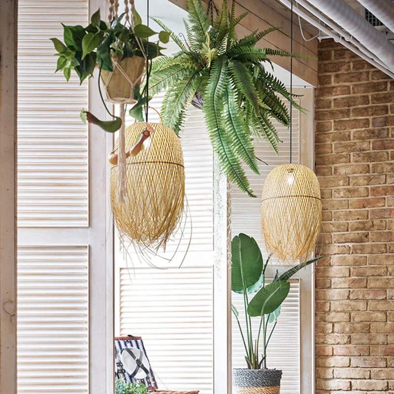Bamboe Bell-plafondlamp met franjes, Aziatische stijl, 1 lamp, hangend houten verlichtingsarmatuur Clearhalo
