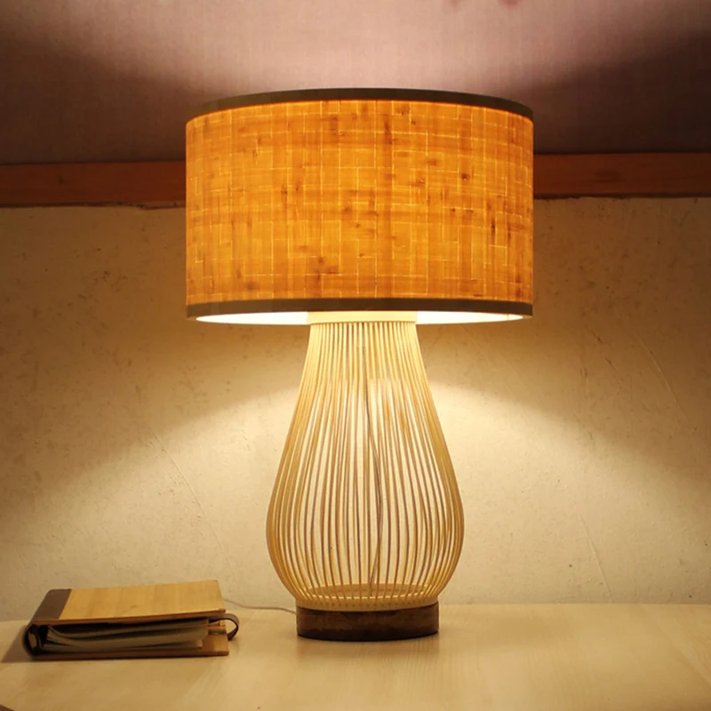 Bamboe Droplet-bureaulamp Chinees 1-kops taakverlichting beige met cilindervormige stoffen kap Clearhalo
