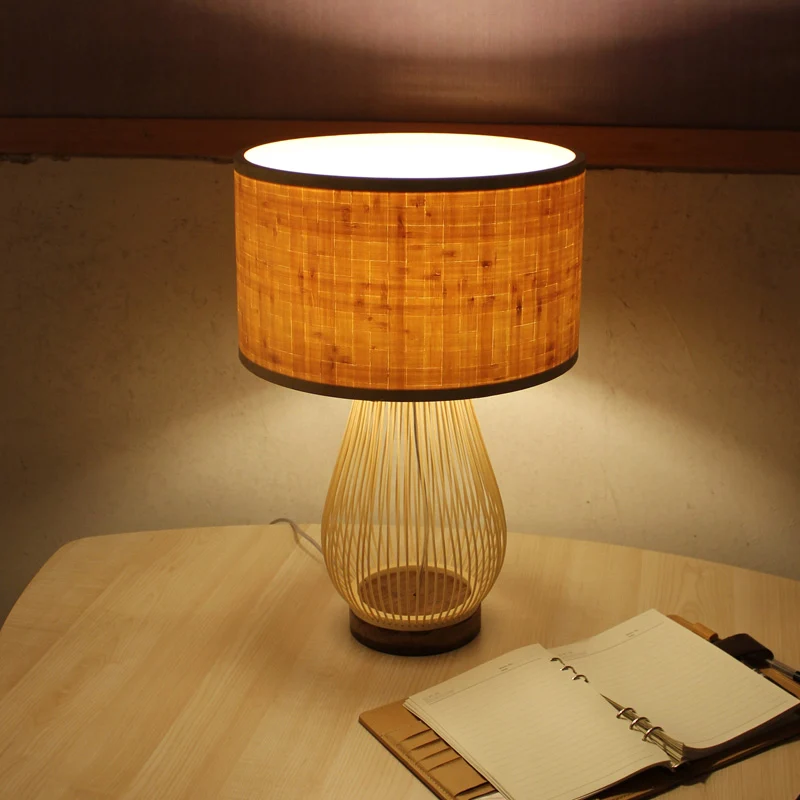 Bamboe Droplet-bureaulamp Chinees 1-kops taakverlichting beige met cilindervormige stoffen kap Clearhalo