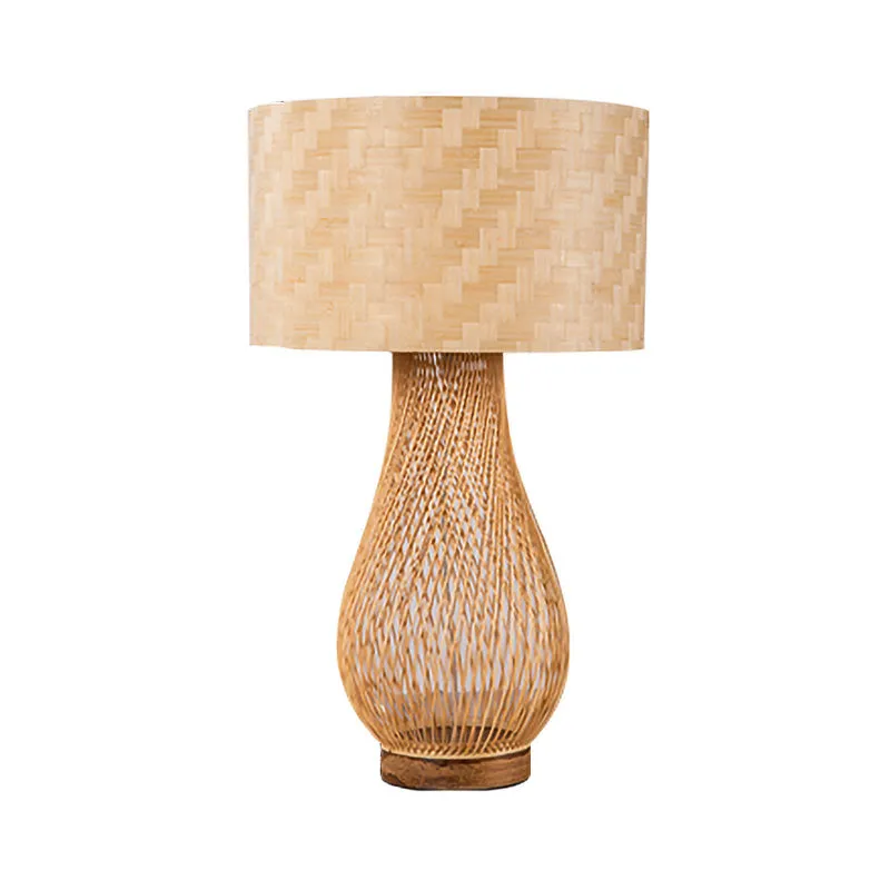 Bamboe Droplet-bureaulamp Chinees 1-kops taakverlichting beige met cilindervormige stoffen kap Clearhalo