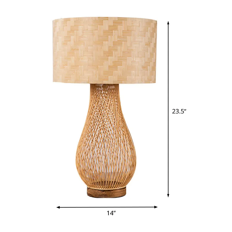 Bamboe Droplet-bureaulamp Chinees 1-kops taakverlichting beige met cilindervormige stoffen kap Clearhalo