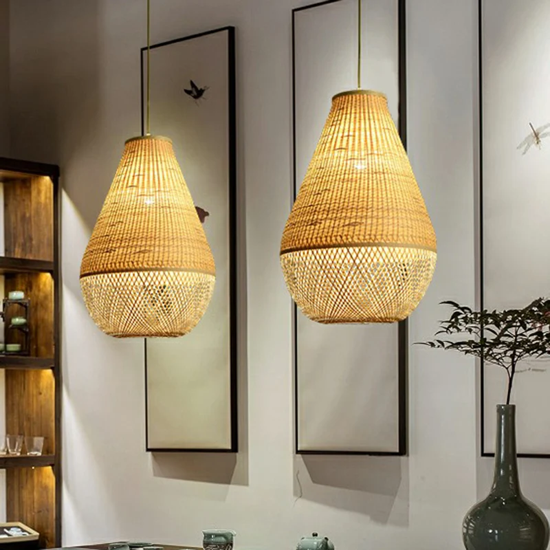 Bamboe geweven druppelvormige hanglamp Simplicity, beige hanglamp met 1 lamp boven tafel Clearhalo