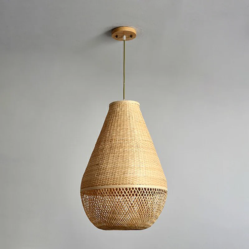 Bamboe geweven druppelvormige hanglamp Simplicity, beige hanglamp met 1 lamp boven tafel Clearhalo