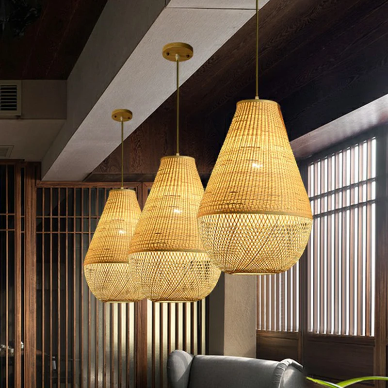 Bamboe geweven druppelvormige hanglamp Simplicity, beige hanglamp met 1 lamp boven tafel Clearhalo