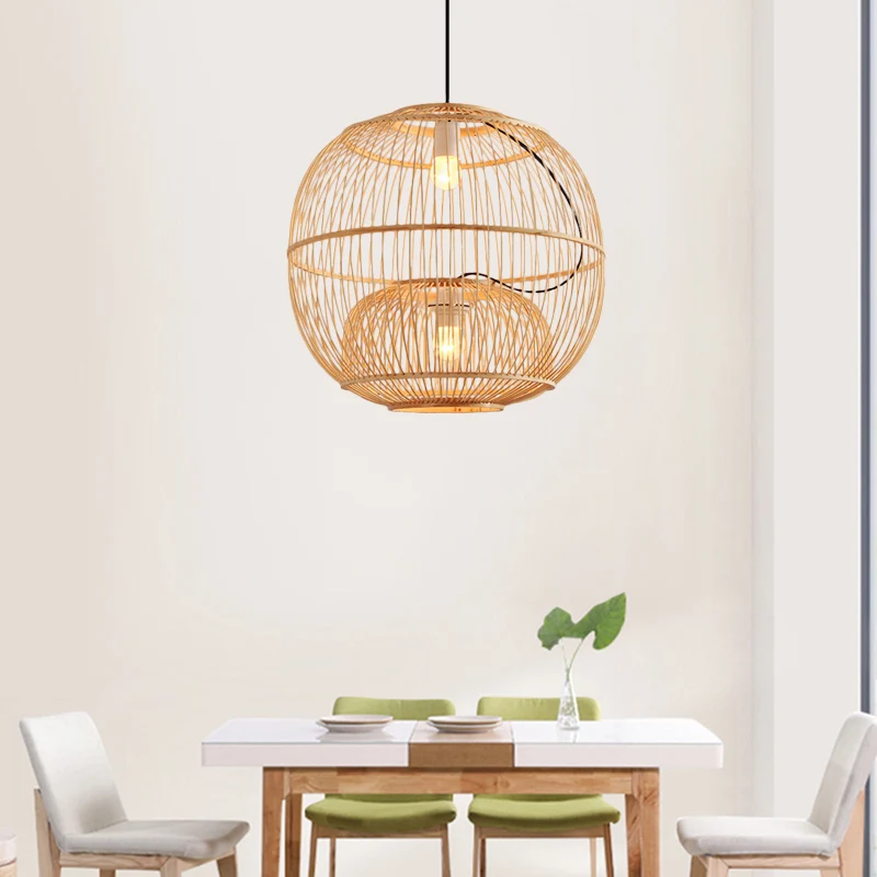 Bamboe Global Shade Hanglamp Eigentijdse Stijl 2 Lichten Beige Hanglamp voor Restaurant, 14"/16" W Clearhalo