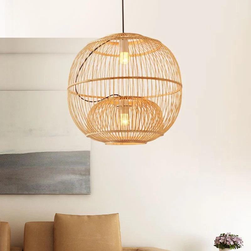 Bamboe Global Shade Hanglamp Eigentijdse Stijl 2 Lichten Beige Hanglamp voor Restaurant, 14"/16" W Clearhalo