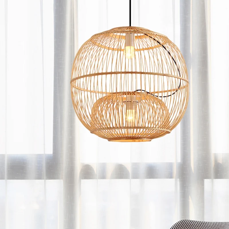 Bamboe Global Shade Hanglamp Eigentijdse Stijl 2 Lichten Beige Hanglamp voor Restaurant, 14"/16" W Clearhalo