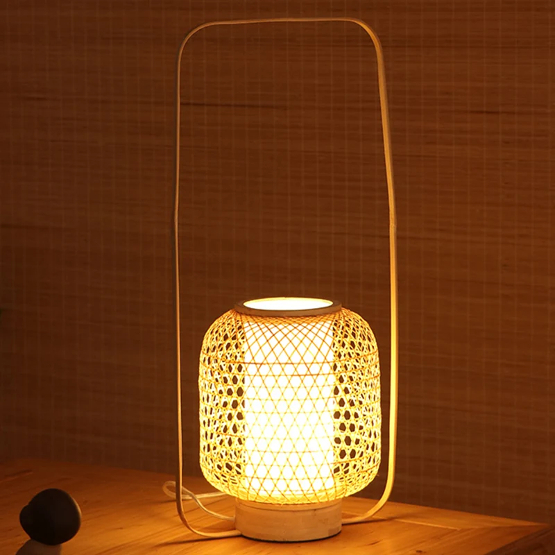 Bamboe handgedraaide taaklamp Azië 1-lamps kleine bureaulamp beige met rechthoekig handvat Clearhalo