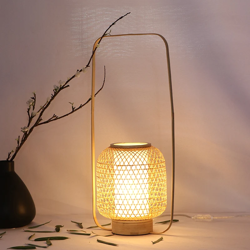 Bamboe handgedraaide taaklamp Azië 1-lamps kleine bureaulamp beige met rechthoekig handvat Clearhalo