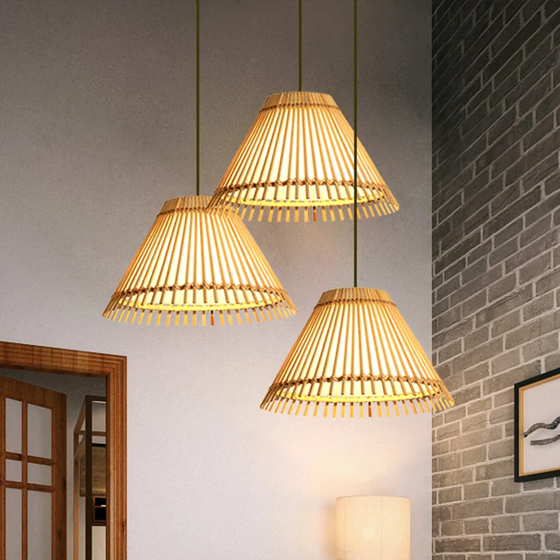 Bamboe kegel plafondlamp moderne 1-lamp hangende hanglamp hout voor woonkamer Clearhalo