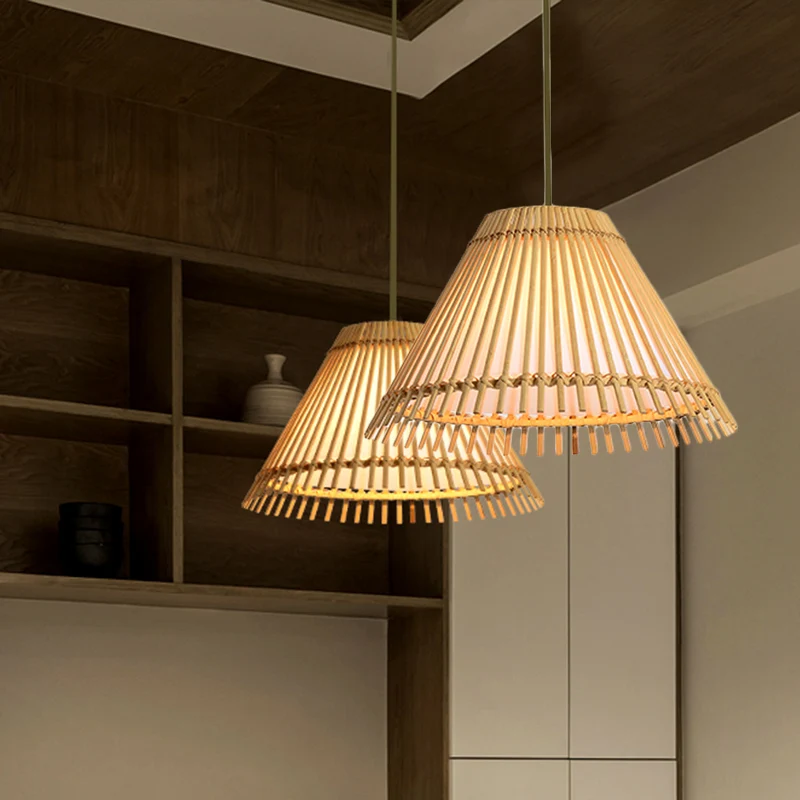 Bamboe kegel plafondlamp moderne 1-lamp hangende hanglamp hout voor woonkamer Clearhalo
