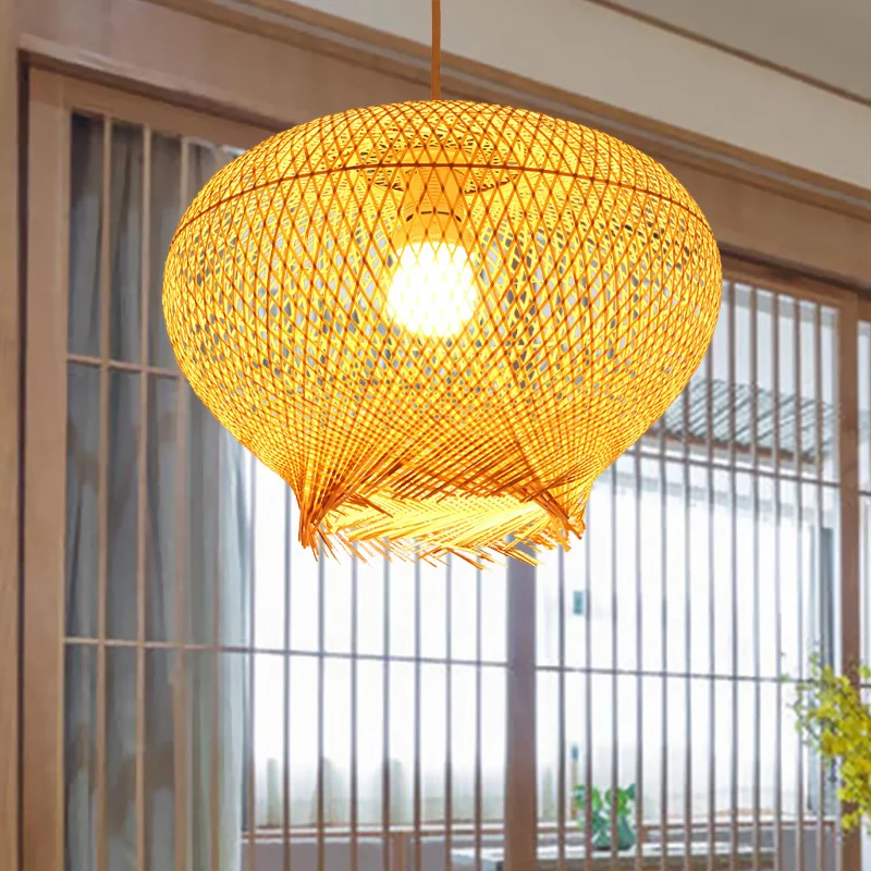 Bamboe Lantaarn Hanglamp Chinees 1 Kop Beige Plafond Hanglamp voor Woonkamer Clearhalo
