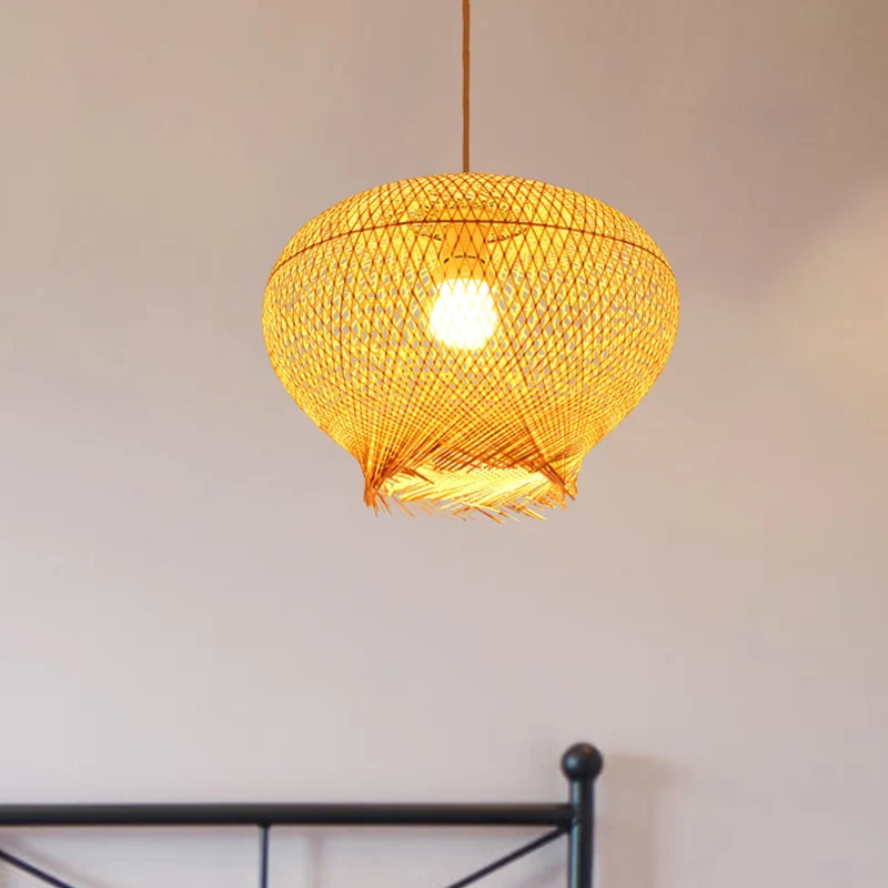 Bamboe Lantaarn Hanglamp Chinees 1 Kop Beige Plafond Hanglamp voor Woonkamer Clearhalo
