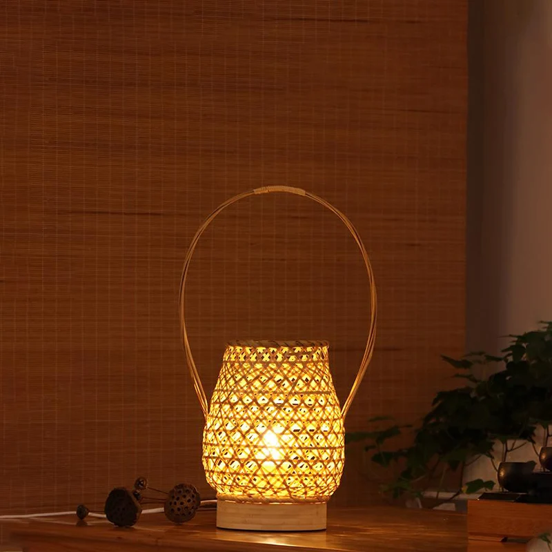 Bamboe Lantaarn Taakverlichting Chinese 1 Kop Vlassen Kleine Bureaulamp met Gebogen Arm Clearhalo