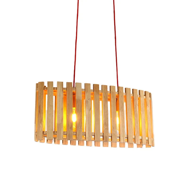 Bamboe lineaire eilandverlichting met ovale kap Aziatische stijlvolle 2-lichts houten hanglamp boven eettafel Clearhalo