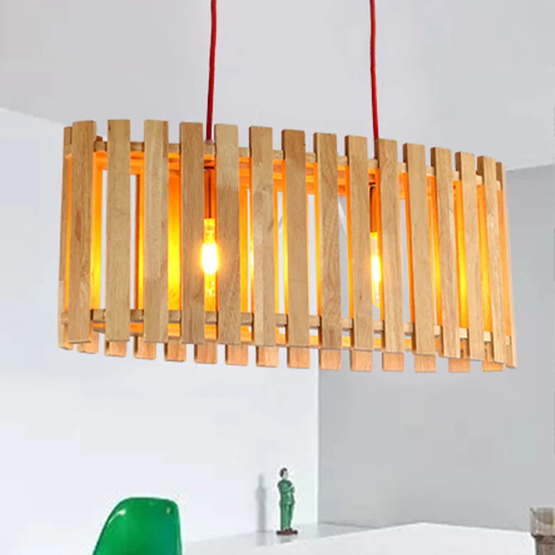 Bamboe lineaire eilandverlichting met ovale kap Aziatische stijlvolle 2-lichts houten hanglamp boven eettafel Clearhalo