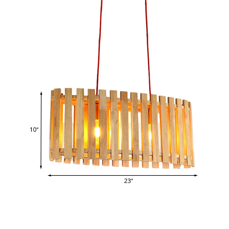 Bamboe lineaire eilandverlichting met ovale kap Aziatische stijlvolle 2-lichts houten hanglamp boven eettafel Clearhalo