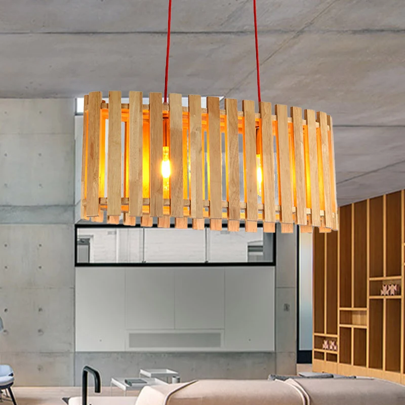 Bamboe lineaire eilandverlichting met ovale kap Aziatische stijlvolle 2-lichts houten hanglamp boven eettafel Clearhalo