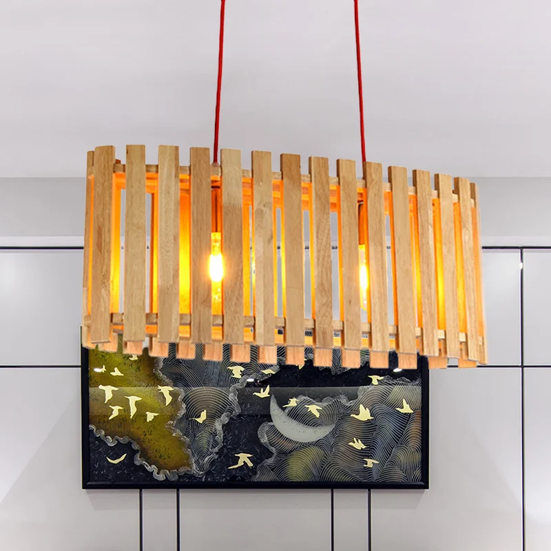 Bamboe lineaire eilandverlichting met ovale kap Aziatische stijlvolle 2-lichts houten hanglamp boven eettafel Clearhalo
