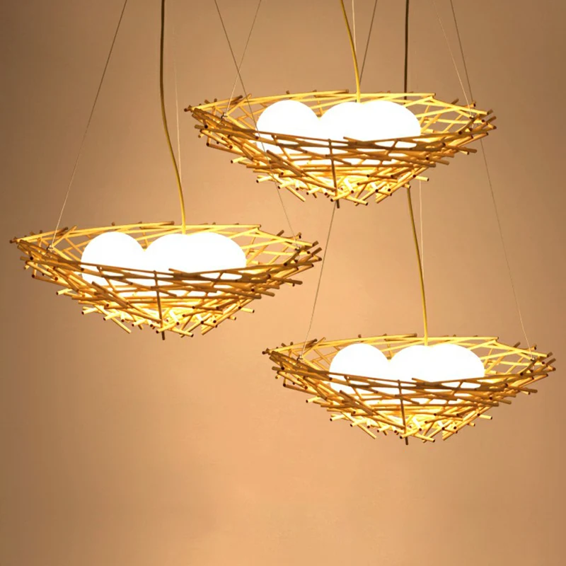 Bamboe Nest-hanglamp Rustieke beige kroonluchter met 3 lampen en ei-ivoorkleurige glazen kap Clearhalo