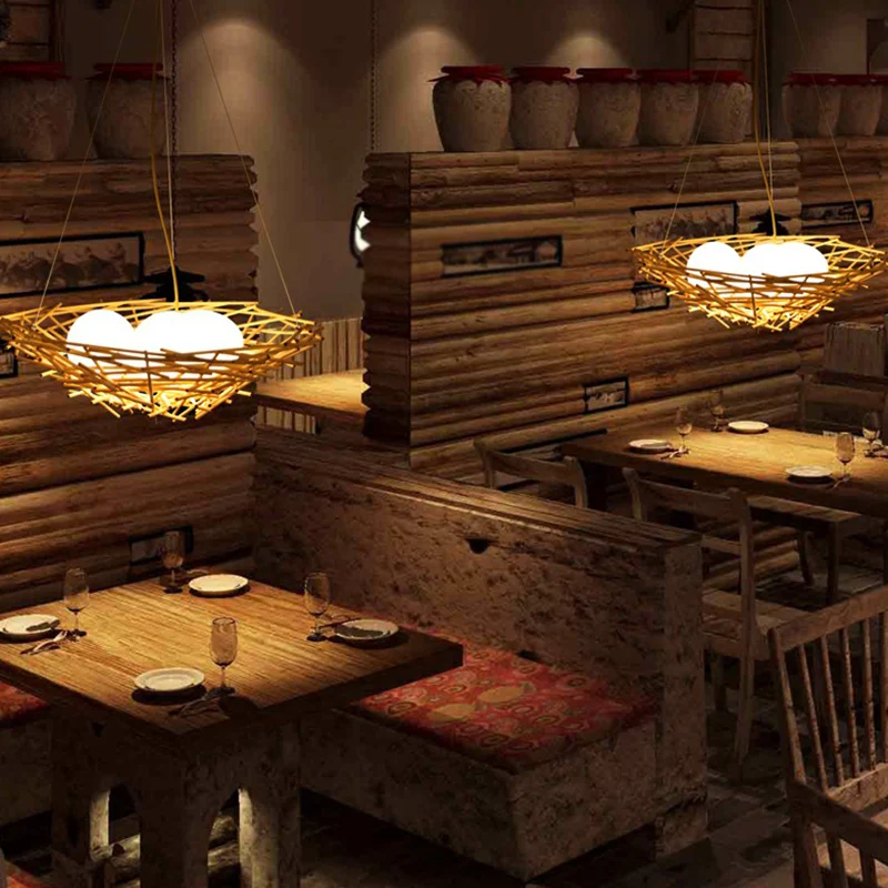Bamboe Nest-hanglamp Rustieke beige kroonluchter met 3 lampen en ei-ivoorkleurige glazen kap Clearhalo