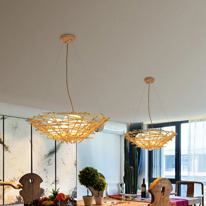 Bamboe Nest-hanglamp Rustieke beige kroonluchter met 3 lampen en ei-ivoorkleurige glazen kap Clearhalo