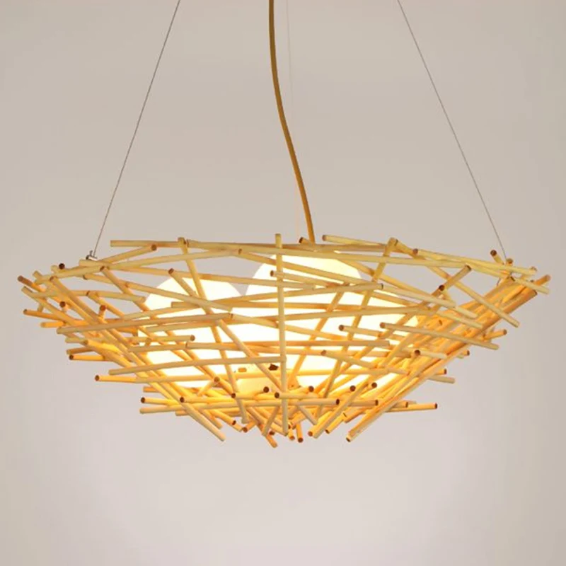 Bamboe Nest-hanglamp Rustieke beige kroonluchter met 3 lampen en ei-ivoorkleurige glazen kap Clearhalo