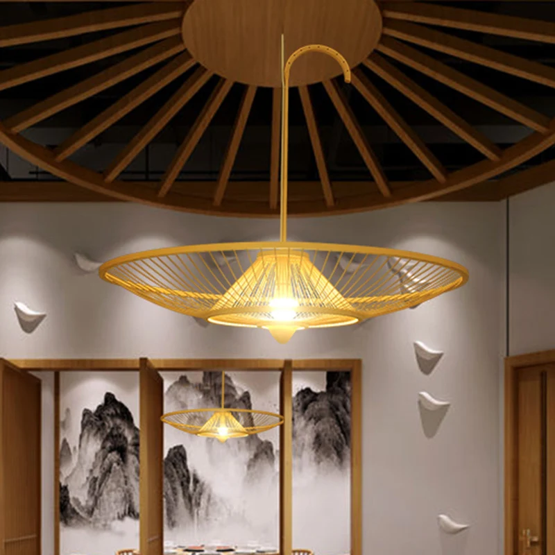 Bamboe Paraplu Down Lighting Hanglamp Aziatische Stijl Enkele Lamp Beige Hanglamp voor Restaurant Clearhalo