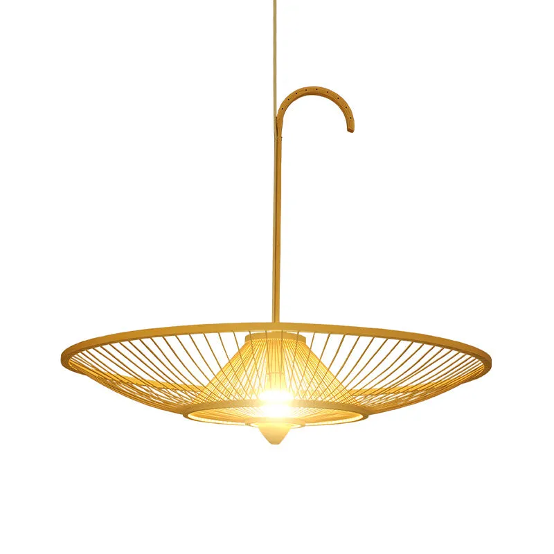 Bamboe Paraplu Down Lighting Hanglamp Aziatische Stijl Enkele Lamp Beige Hanglamp voor Restaurant Clearhalo