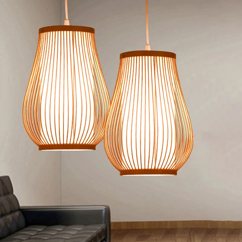 Bamboe Peer Plafondverlichting Aziatische Stijl 1 Lamp Houten Hanglamp voor Restaurant Clearhalo