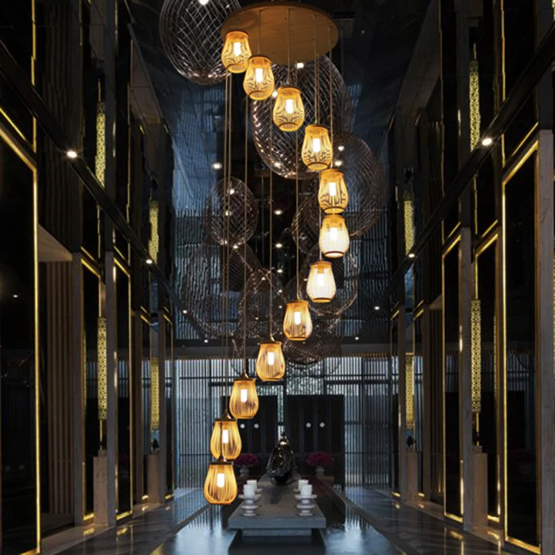 Bamboe peervormige multi-lichthanger moderne houten hangende verlichting voor trappenhuis Clearhalo