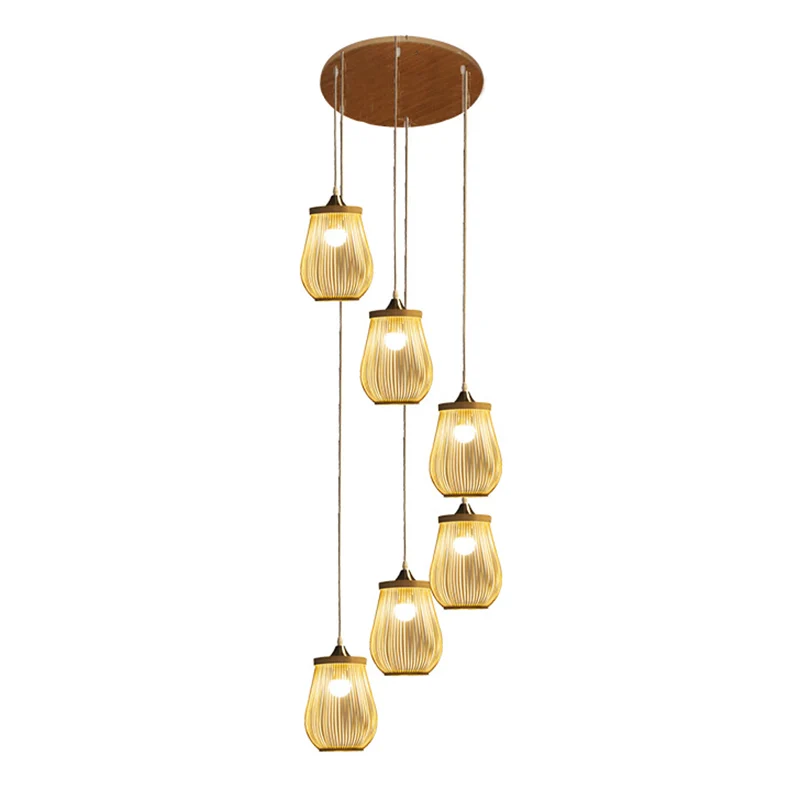 Bamboe peervormige multi-lichthanger moderne houten hangende verlichting voor trappenhuis Clearhalo