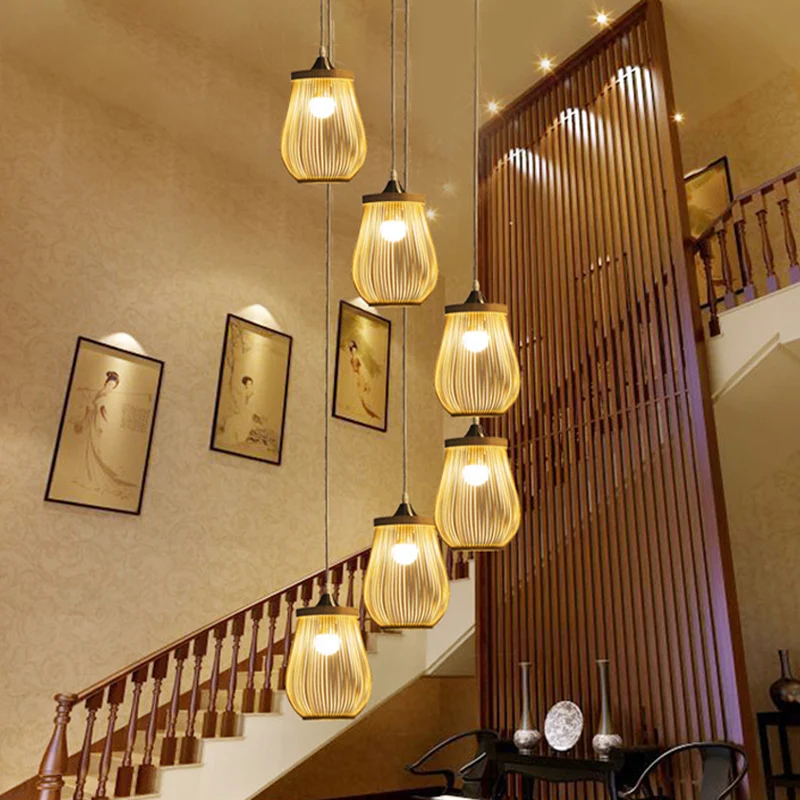 Bamboe peervormige multi-lichthanger moderne houten hangende verlichting voor trappenhuis Clearhalo
